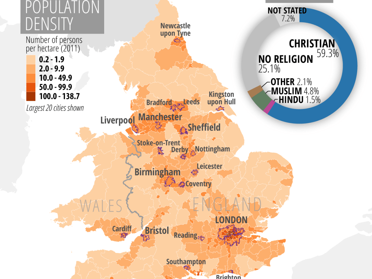 Population density and religion of England and Wales